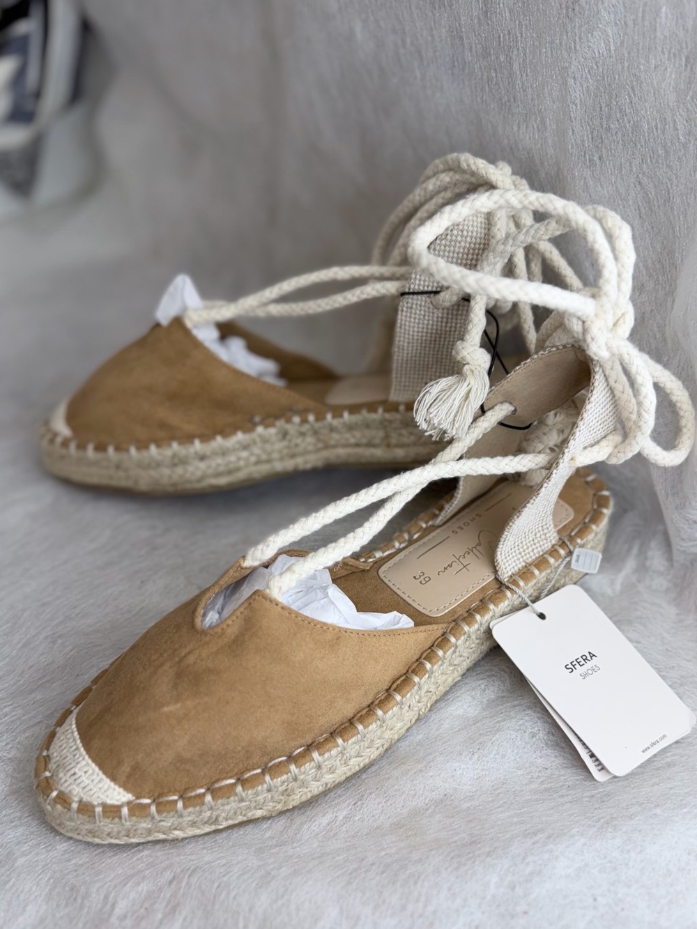 SFERRA Tan Suede Espadrille Ankle-Tie Flats